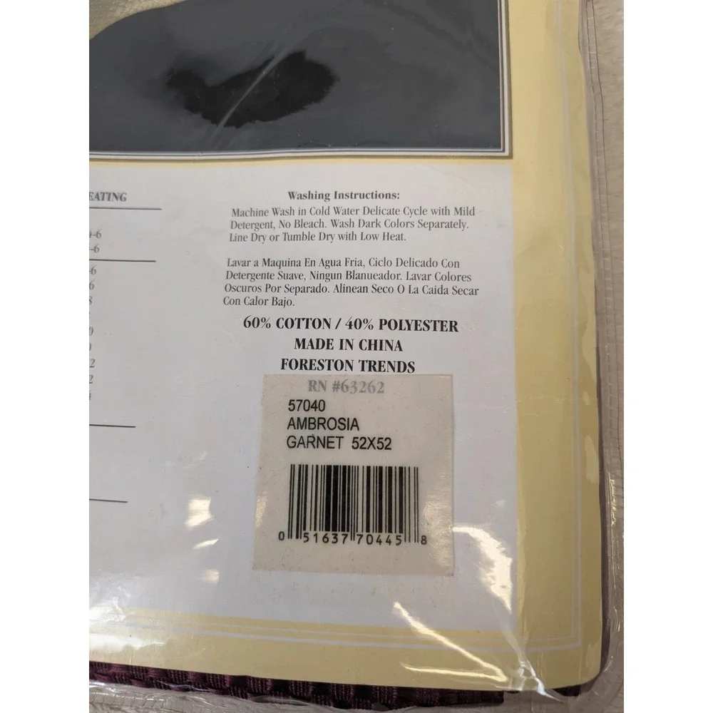 Ambrosia Fine Table Linens Garnet Red Square‎ Tablecloth 52x52 NIP Coquette Goth